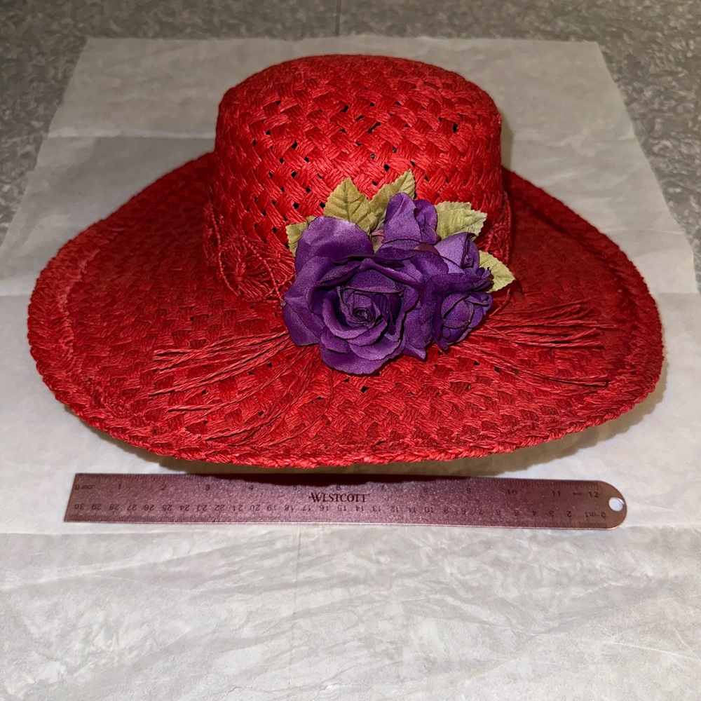 Red Hat Society Straw Sun Hat With Purple Flower